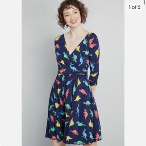 Modcloth Jessy B Navy Blue Surplice Knit A-line Dress In Dinos in size 2x